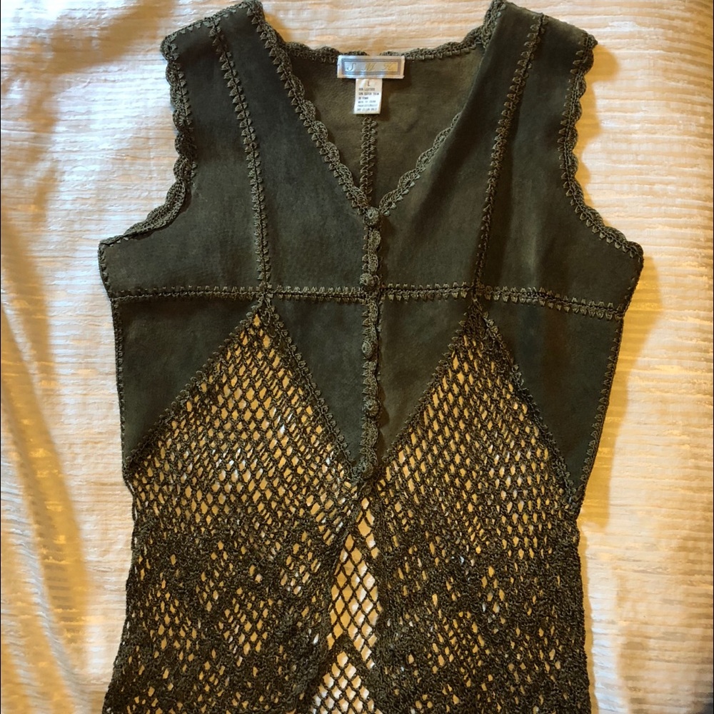 Vintage Sage Green leather and crochet vest